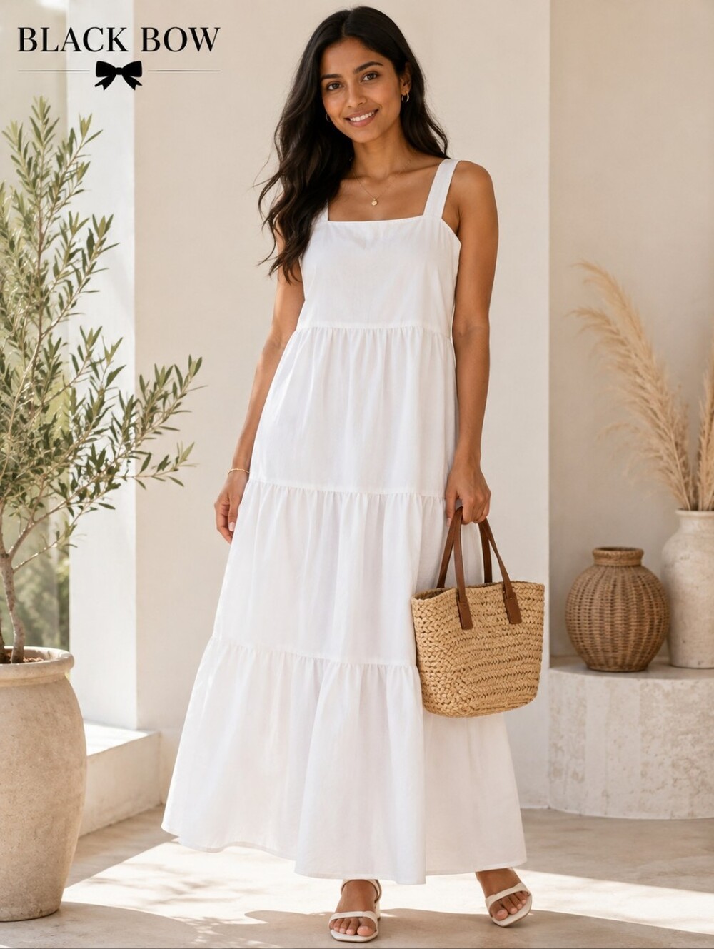 BLACK BOW Tiered White Maxi Dress Adjustable straps Pockets NWOT SZ S